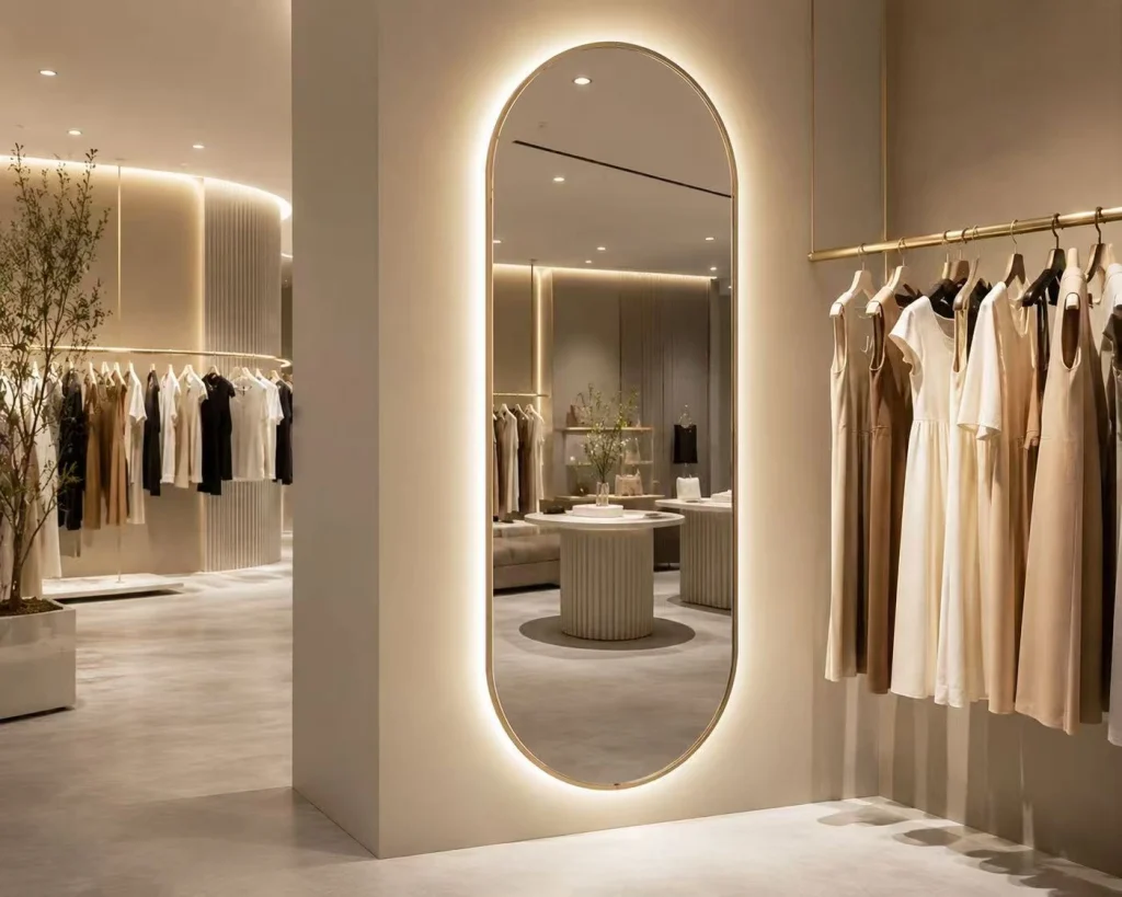 Clothing store fitting room mirrors, customizable