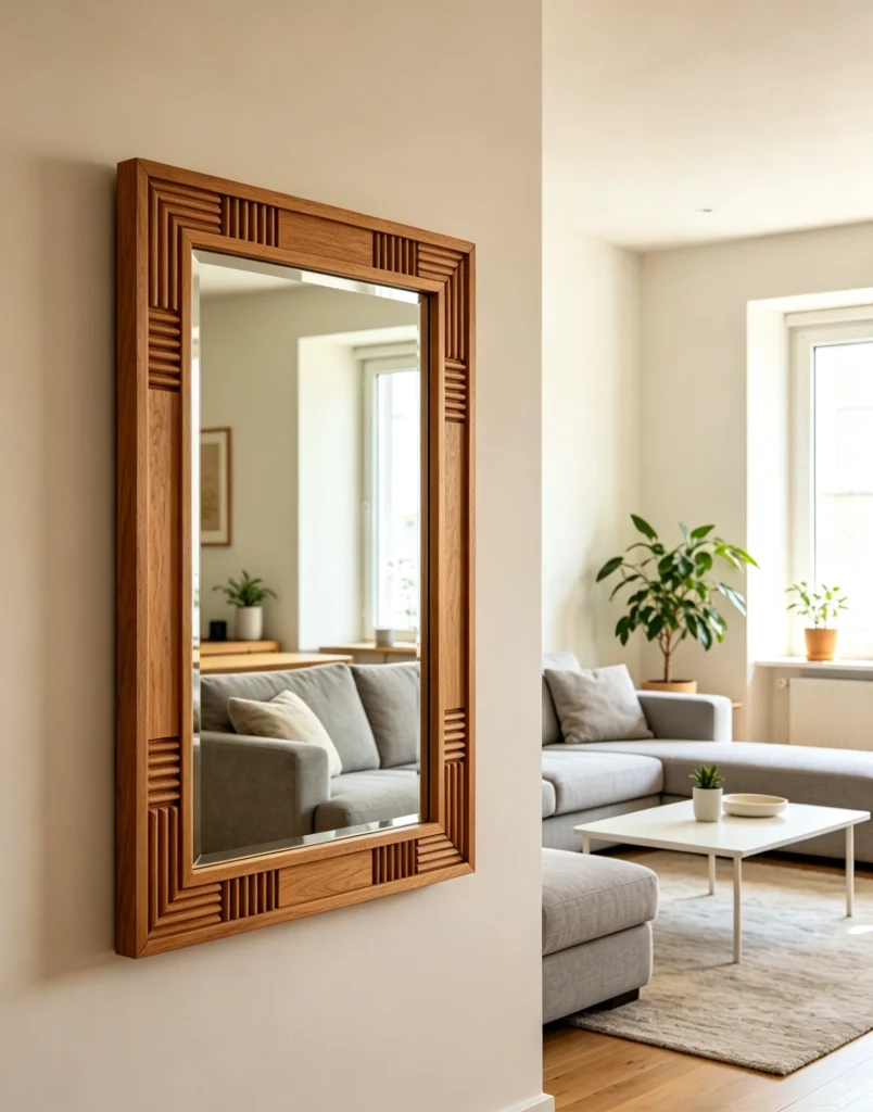 Wall mirrors with wooden or EPS frames, customizable.