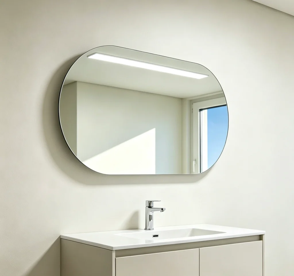 Frameless bathroom mirror, customizable